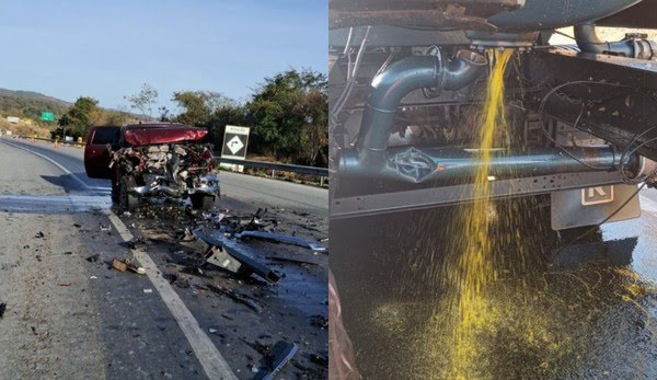 Acidente envolvendo caminhão-tanque e caminhonete provocou vazamento de biodiesel na BR-262